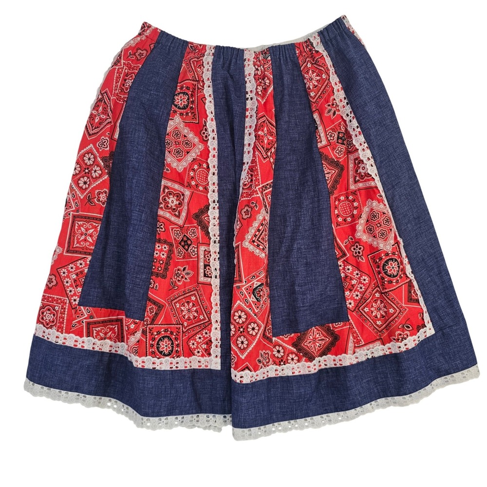 Vintage Carefree Fashions Scottsdale Red Bandana Patchwork Lace Trim Midi Skirt
